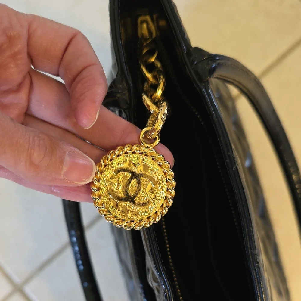 CHANEL Black Quilted Patent Leather Shoulder Bag with Gold Medallion Authentic - Picture 10 of 12